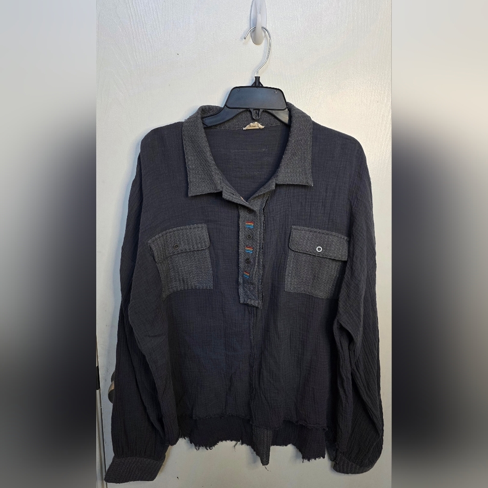POL Navy Blue Oversized High Low Long Sleeve Henley Knit Top